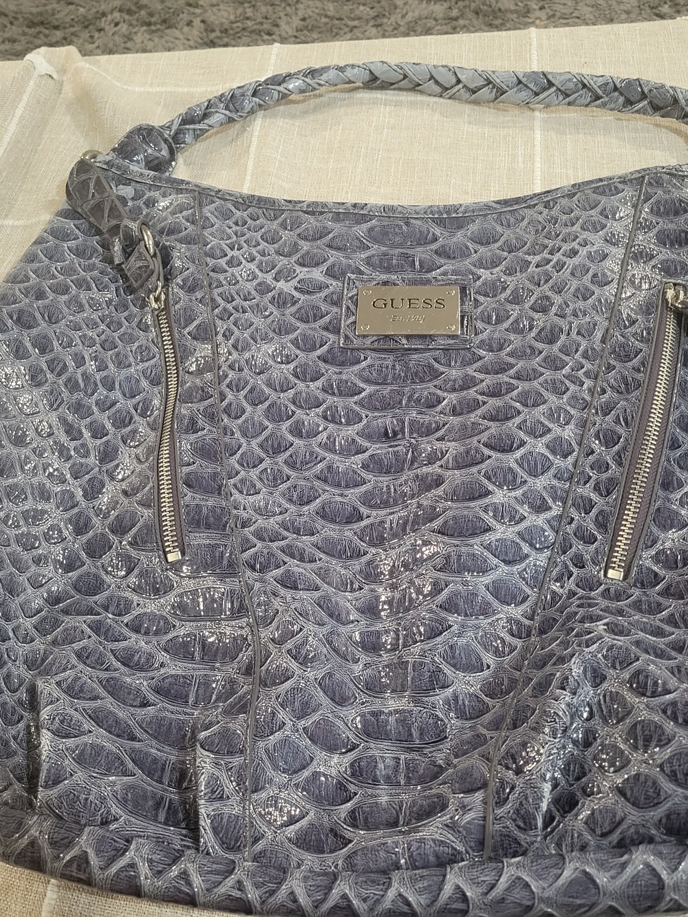 GUESS Glossy Croc-Embossed Gray Shoulder Bag